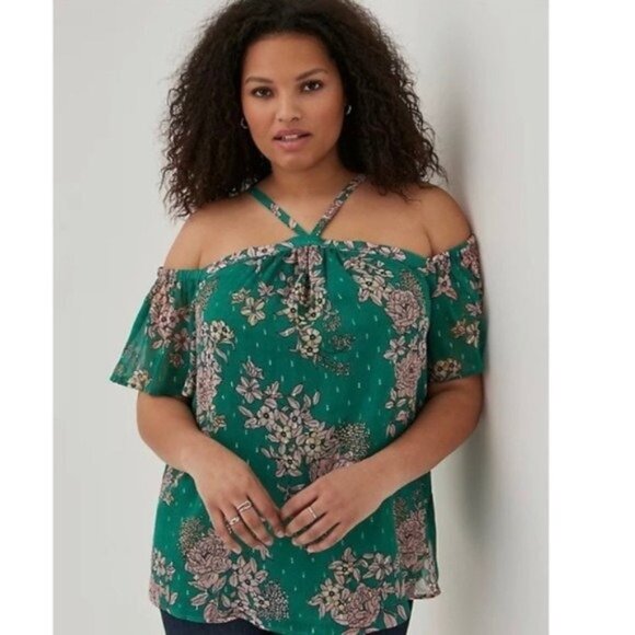 Torrid Cold Shoulder Chiffon Green Floral Halter Blouse - Picture 1 of 8